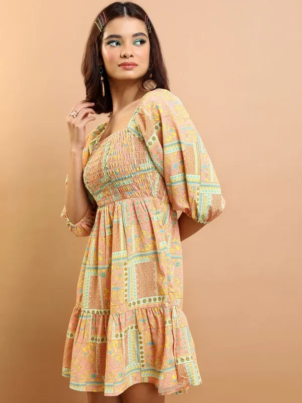  Tokyo Talkies Women Peach Printed Fit And Flare Dresses