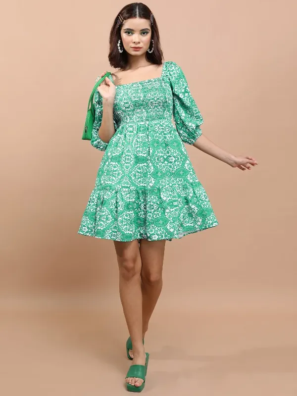 Tokyo Talkies Women Green Printed Fit And Flare Dress