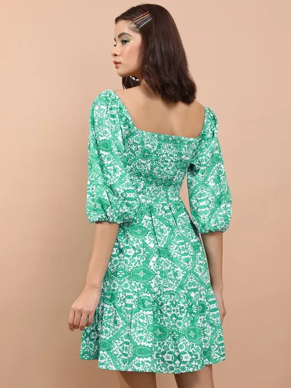 Tokyo Talkies Women Green Printed Fit And Flare Dress