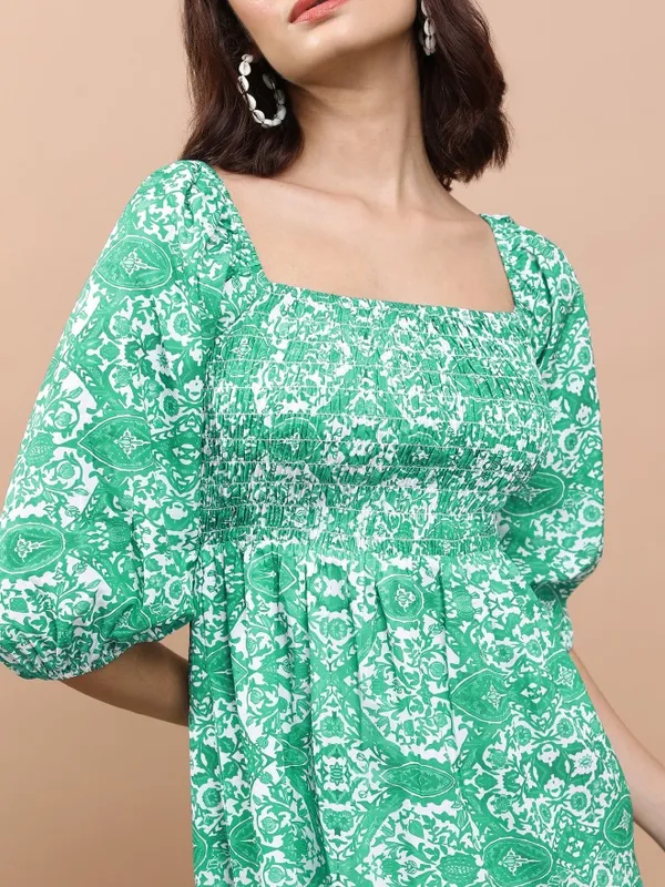Tokyo Talkies Women Green Printed Fit And Flare Dress