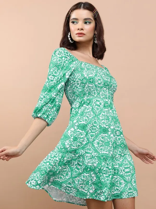 Tokyo Talkies Women Green Printed Fit And Flare Dress