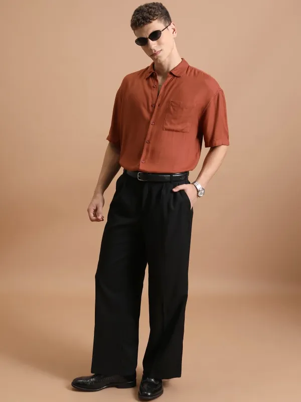 Highlander Men Rust Solid Oversized Fit Casual Shirt