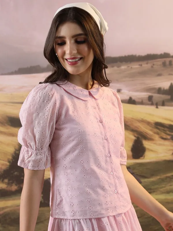  Tokyo Talkies Women Pink Self Design Casual Shirts
