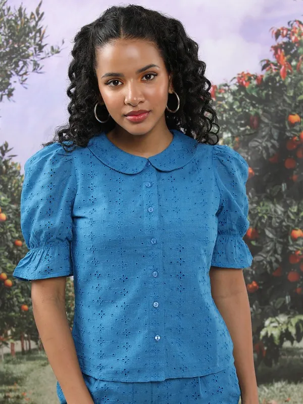  Tokyo Talkies Women Blue Self Design Casual Shirts
