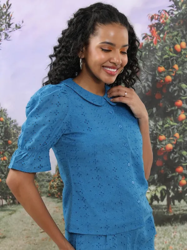  Tokyo Talkies Women Blue Self Design Casual Shirts