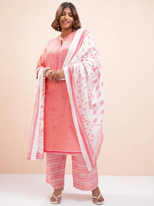Vishudh Women Pink Plus Size Printed Kurta With Palazzo And Dupatta