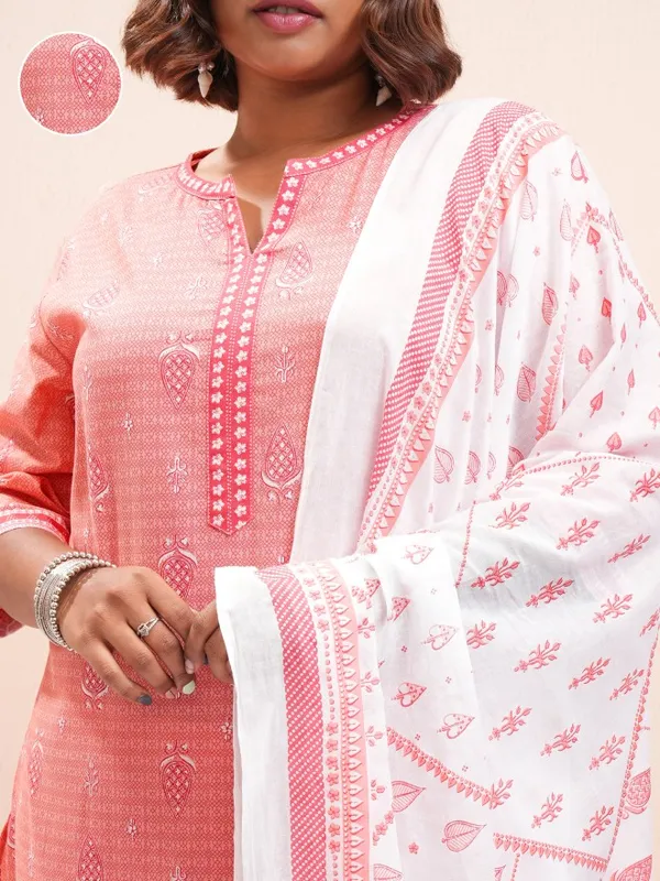Vishudh Women Pink Plus Size Printed Kurta With Palazzo And Dupatta