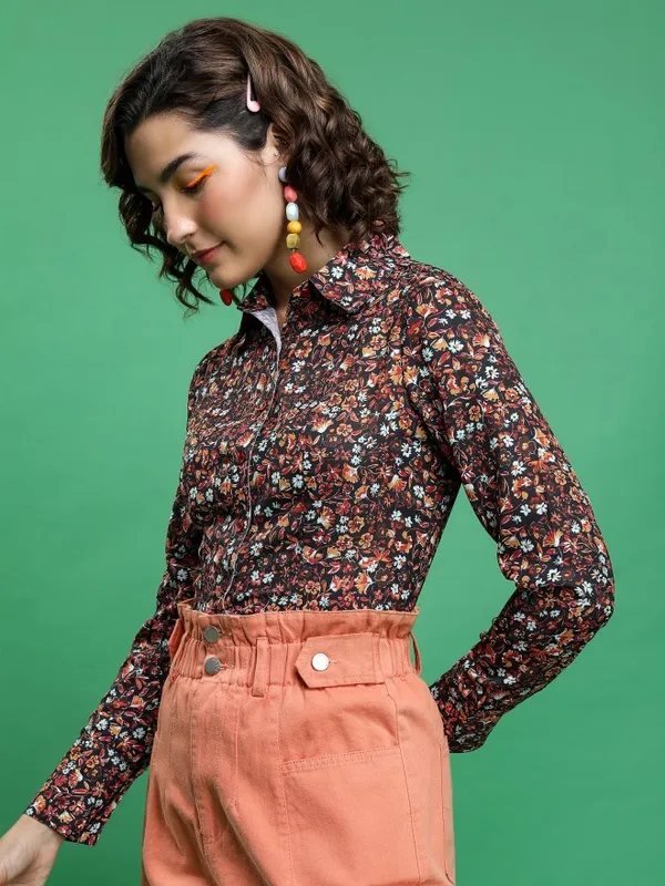 Tokyo Talkies Women Maroon Printed Casual Shirt