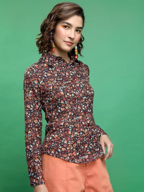 Tokyo Talkies Women Maroon Printed Casual Shirt