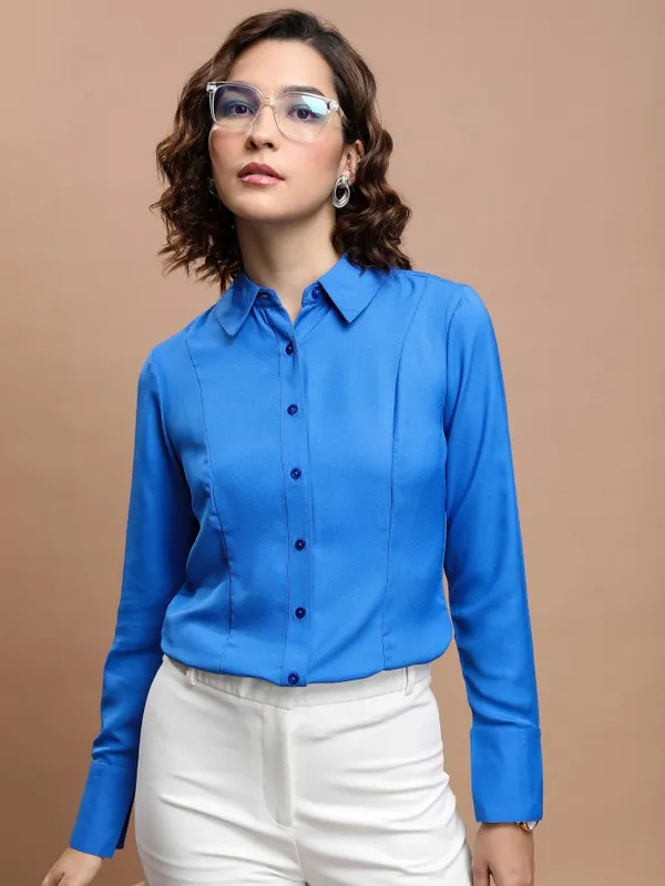  Tokyo Talkies Women Blue Solid Casual Shirts