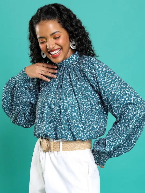 Tokyo Talkies Women Teal Printed Regular Top