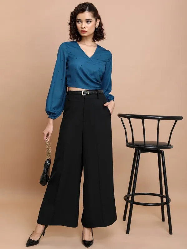 Tokyo Talkies Women Blue Printed Wrap Top