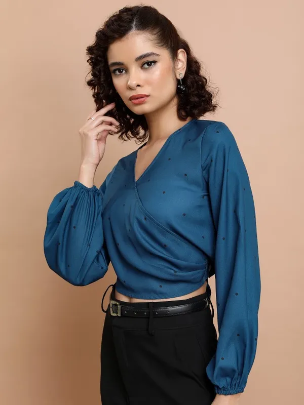 Tokyo Talkies Women Blue Printed Wrap Top