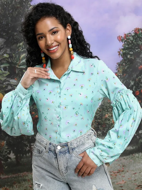  Tokyo Talkies Women Green Printed Shirt Style Tops