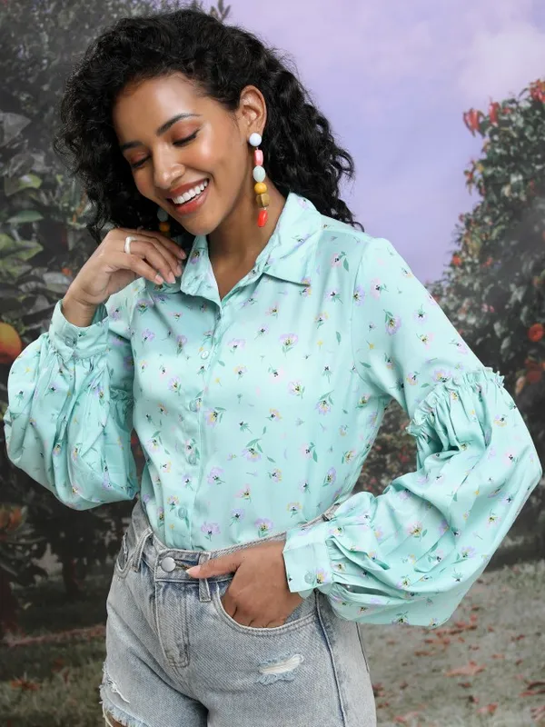  Tokyo Talkies Women Green Printed Shirt Style Tops