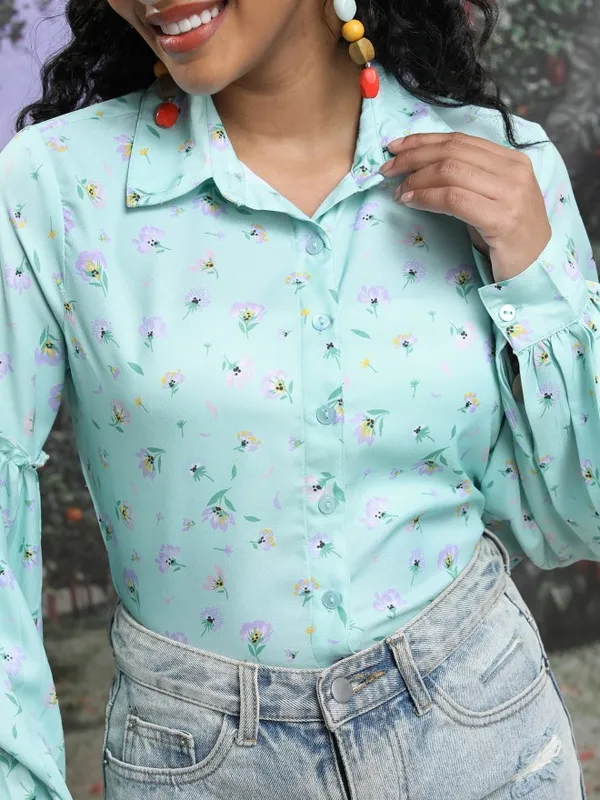  Tokyo Talkies Women Green Printed Shirt Style Tops