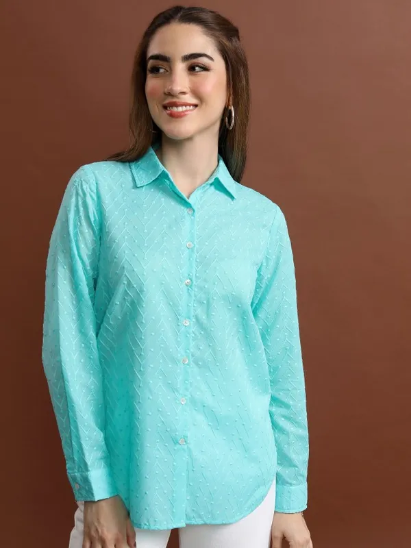  Vishudh Women Blue Self Design Casual Shirts