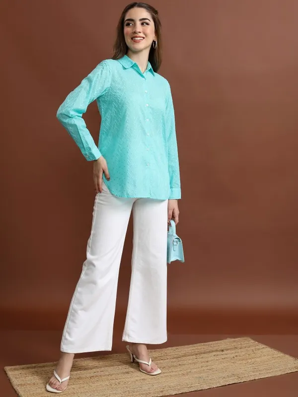  Vishudh Women Blue Self Design Casual Shirts