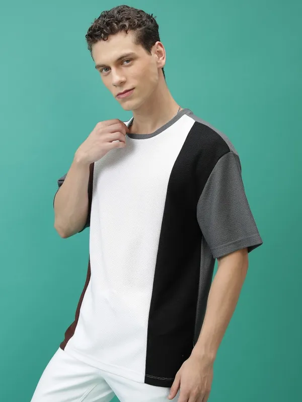 Highlander Men Multi Colourblocked Round Neck Oversized Fit T-Shirt
