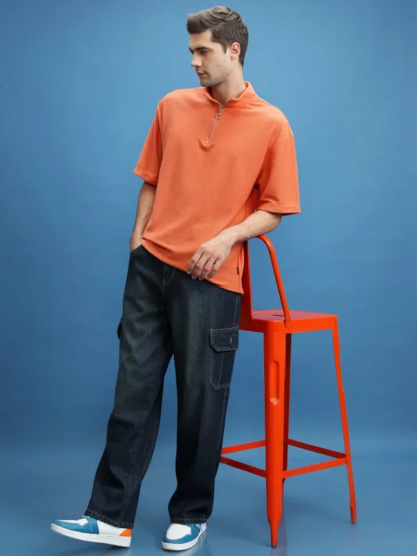  Highlander Men Orange Solid High Neck T-Shirts