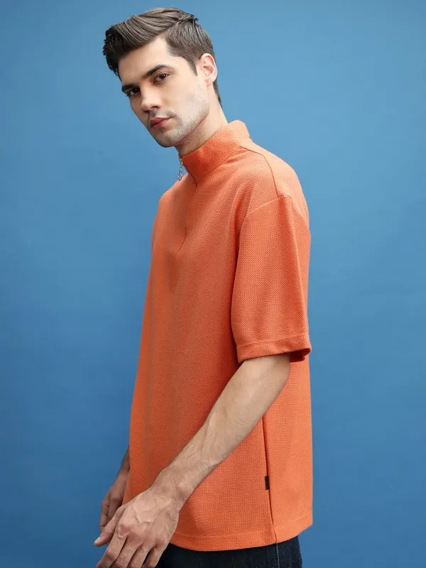  Highlander Men Orange Solid High Neck T-Shirts
