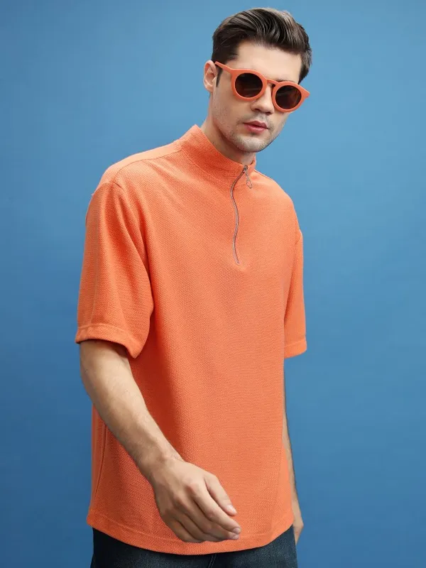  Highlander Men Orange Solid High Neck T-Shirts