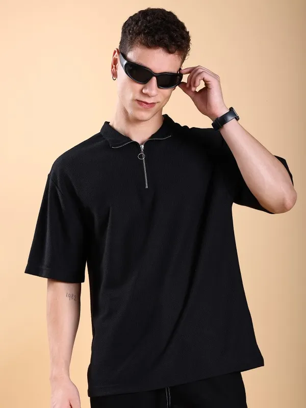 Men Solid High Neck Oversized Fit T-Shirt