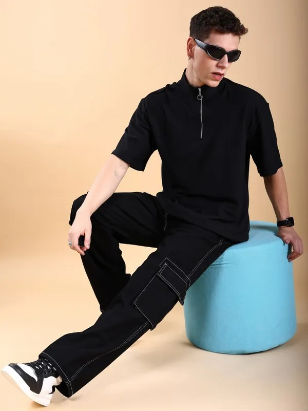Men Solid High Neck Oversized Fit T-Shirt