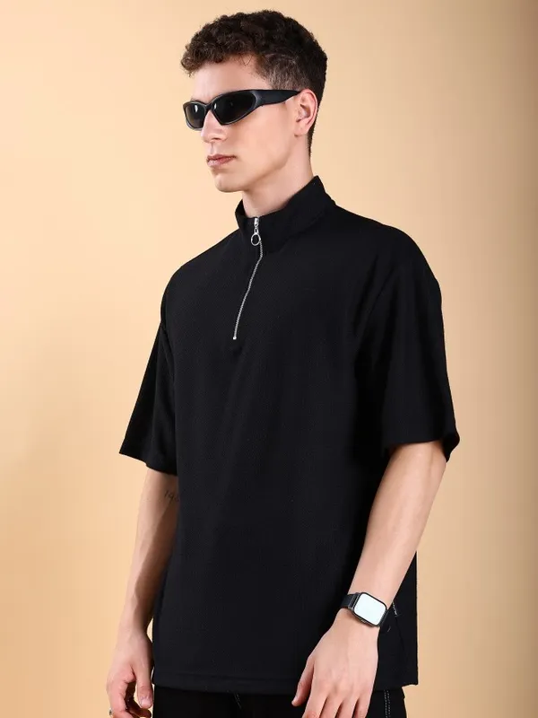 Men Solid High Neck Oversized Fit T-Shirt