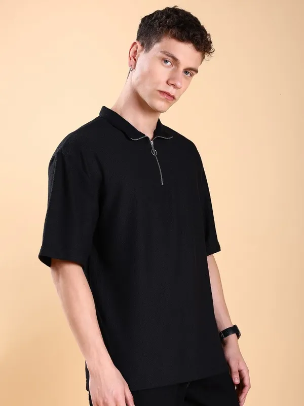 Men Solid High Neck Oversized Fit T-Shirt