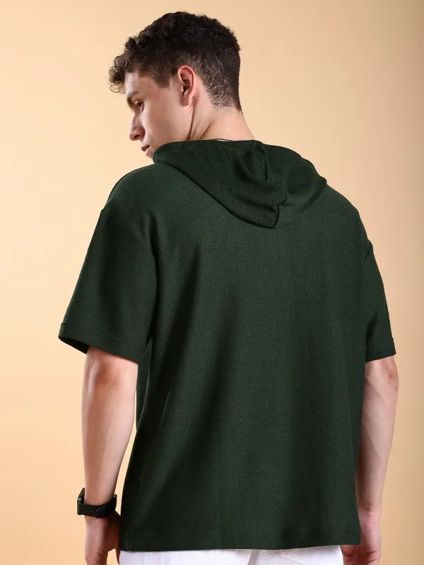 Highlander Men Olive Solid Hooded Oversized Fit T-Shirt