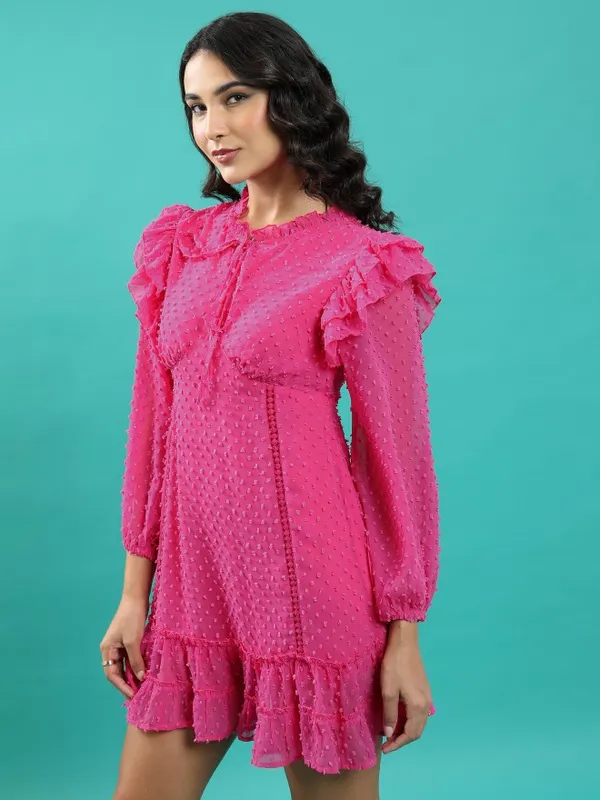 Tokyo Talkies Women Fuchsia Self Design A-Line Dress