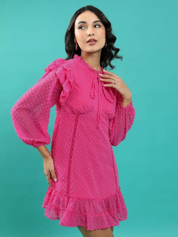 Tokyo Talkies Women Fuchsia Self Design A-Line Dress