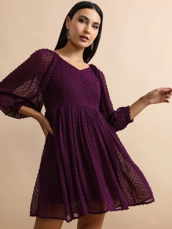 Tokyo Talkies Women Blue Self Design Fit And Flare Dress