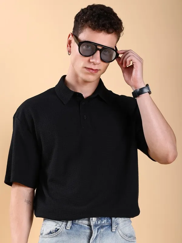 Men Solid Polo Collar Oversized Fit T-Shirt