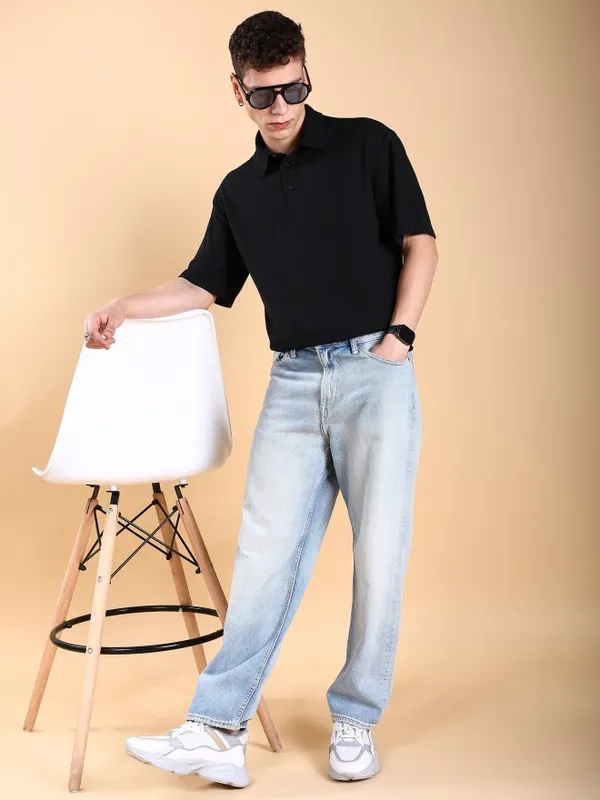 Men Solid Polo Collar Oversized Fit T-Shirt