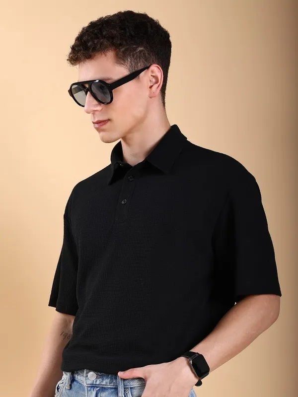 Men Solid Polo Collar Oversized Fit T-Shirt