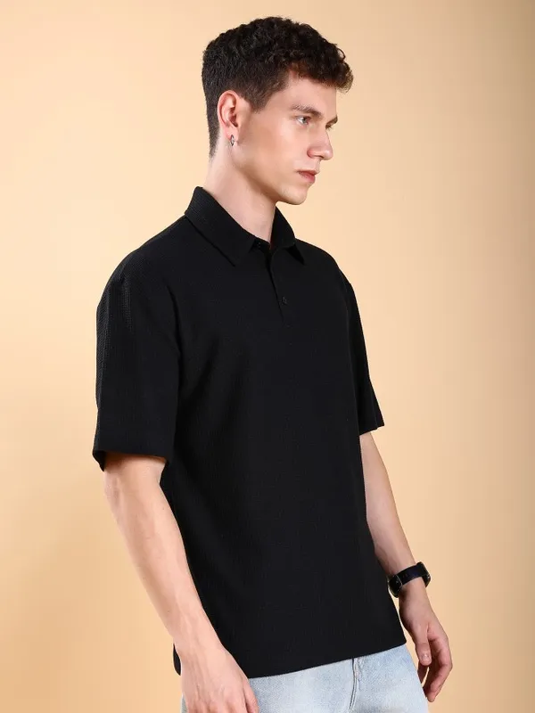 Men Solid Polo Collar Oversized Fit T-Shirt