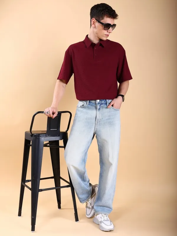  Highlander Men Maroon Solid Polo Collar T-Shirts