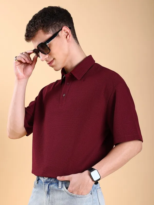  Highlander Men Maroon Solid Polo Collar T-Shirts