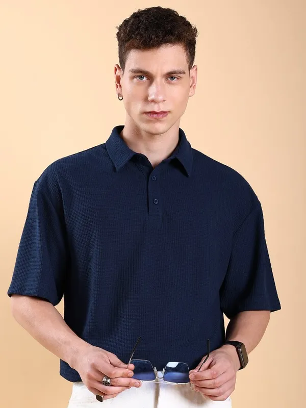 Men Solid Polo Collar Oversized Fit T-Shirt