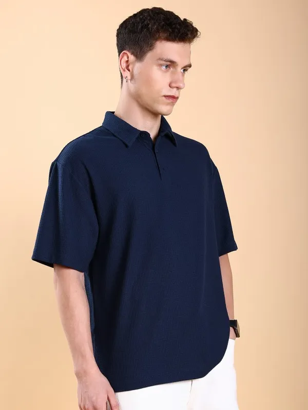 Men Solid Polo Collar Oversized Fit T-Shirt