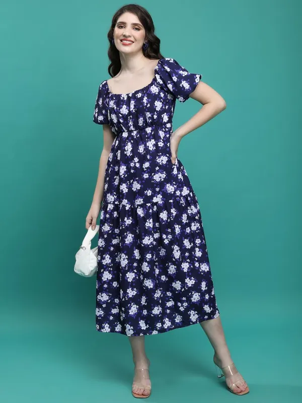 Tokyo Talkies Women Blue Printed A-Line Dress