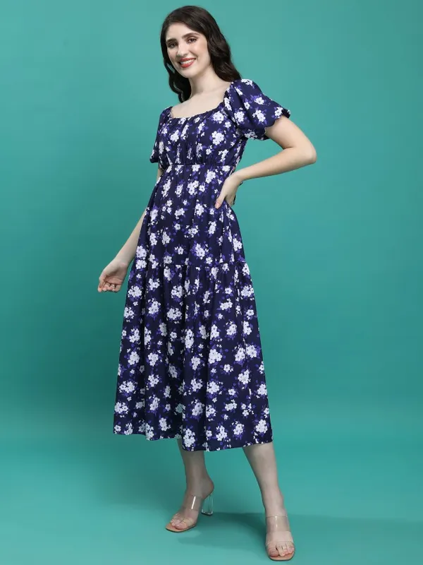 Tokyo Talkies Women Blue Printed A-Line Dress