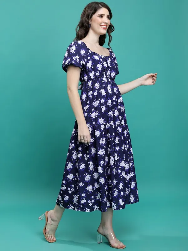 Tokyo Talkies Women Blue Printed A-Line Dress