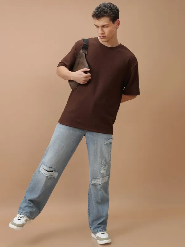  Highlander Men Brown Solid Round Neck T-Shirts