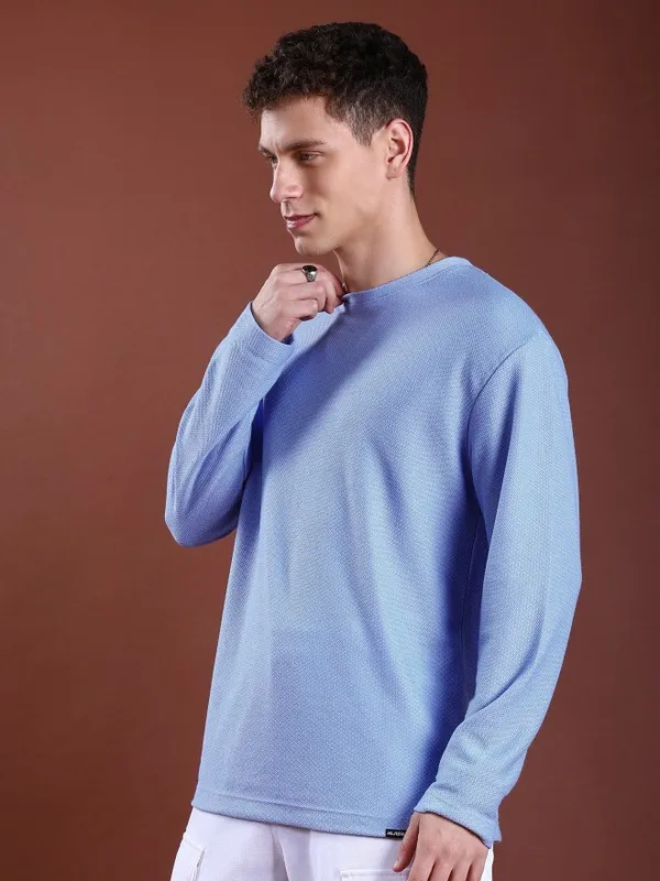 Highlander Men Blue Solid Round Neck Oversized Fit T-Shirt