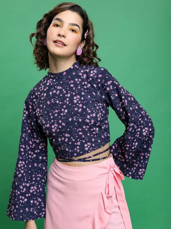 Tokyo Talkies Women Blue Printed Bardot Top