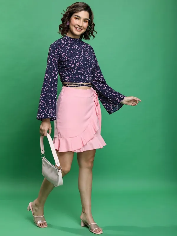 Tokyo Talkies Women Blue Printed Bardot Top