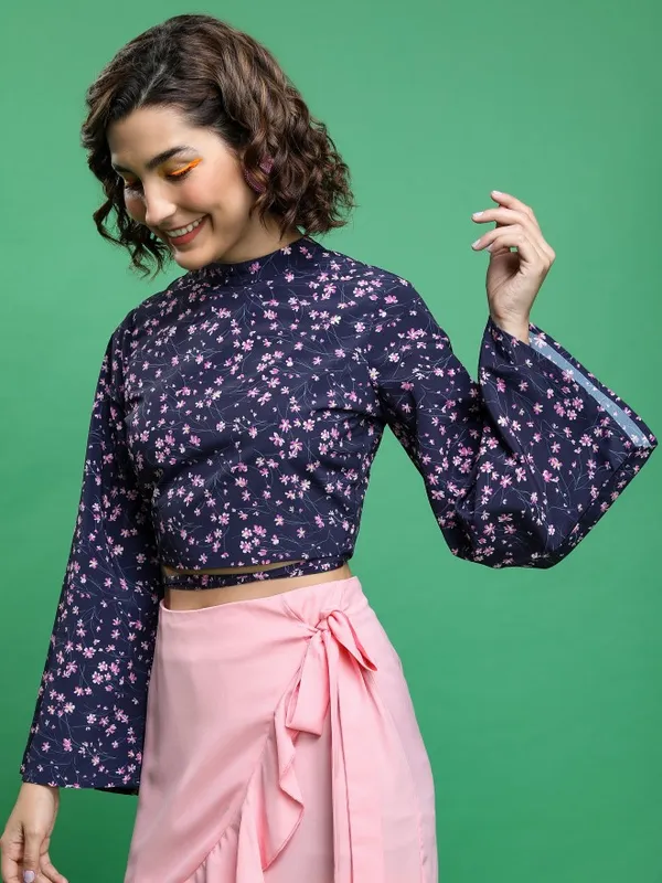 Tokyo Talkies Women Blue Printed Bardot Top